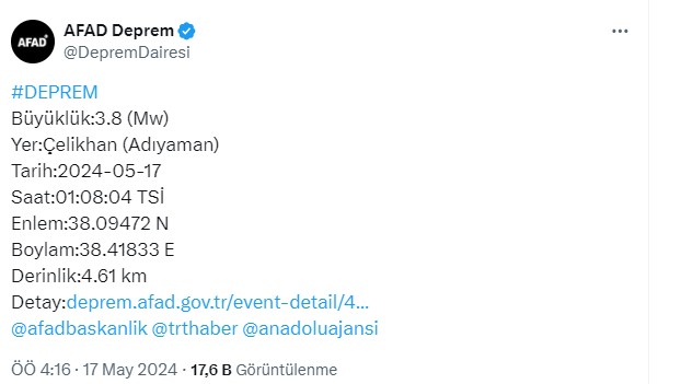17 Mayıs Son Depremler Listesi! Afad Ve Kandilli Rasathanesi Duyurdu: Adıyaman’da 3.8 Büyüklüğünde Deprem