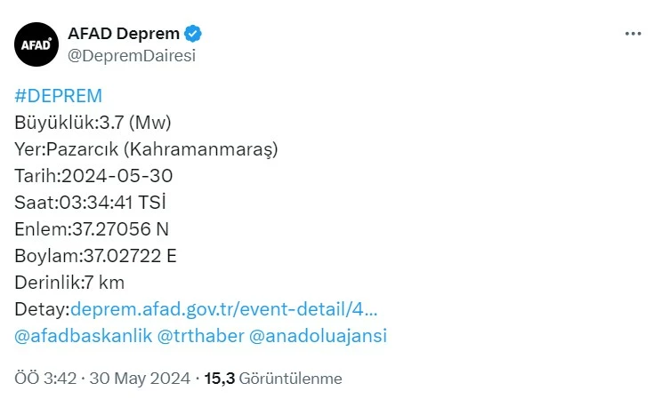 30 Mayıs Kahramanmaraş'ta kaç şiddetinde deprem oldu?