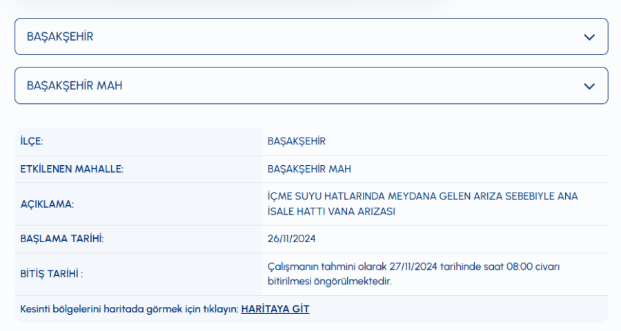 Başakşehir su kesintisi Başakşehir Mahallesi su kesintisi