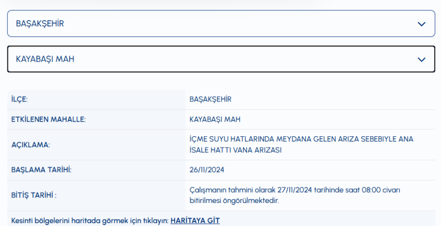 Başakşehir su kesintisi Kayabaşı Mahallesi su kesintisi