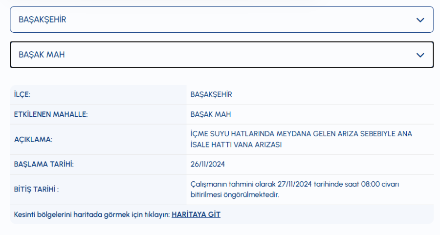 Başakşehir su kesintisi Başak Mahallesi su kesintisi