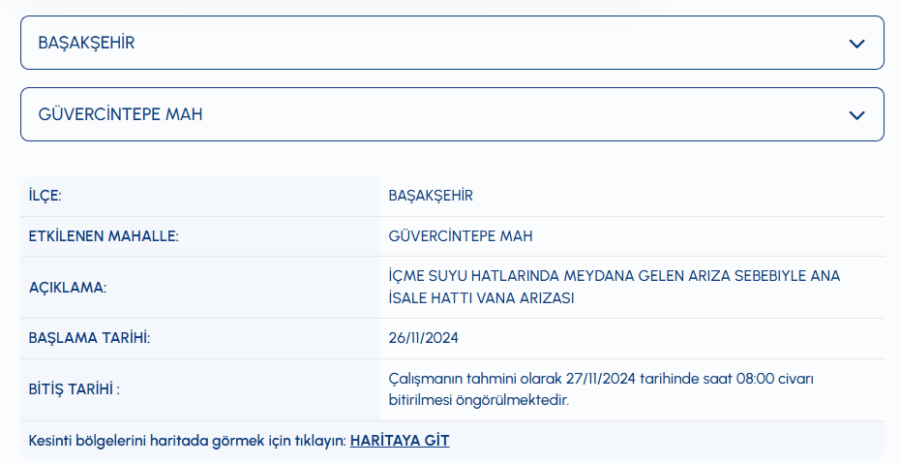 Başakşehir su kesintisi Güvercintepe Mahallesi su kesintisi