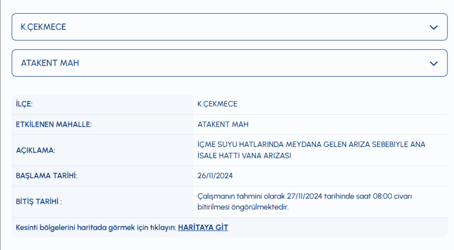 Küçükçekmece su kesintisi Atakent Mahallesi su kesintisi