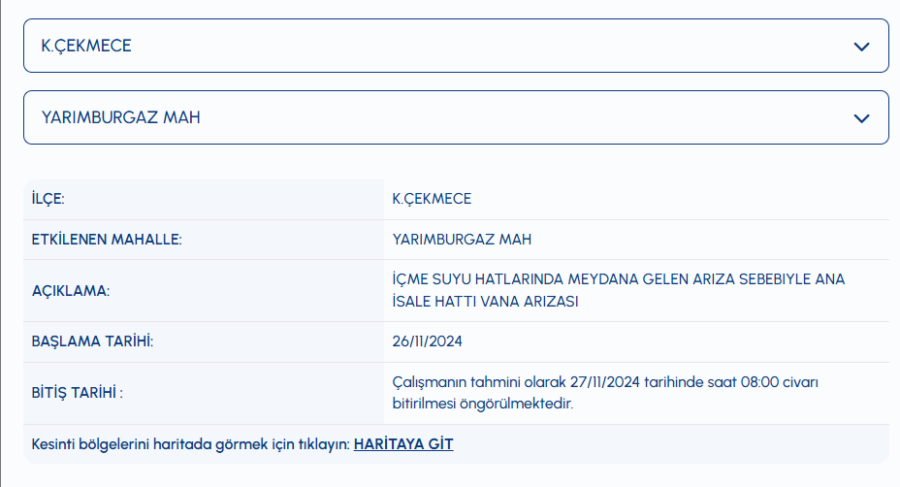 Küçükçekmece su kesintisi Yarımburgaz Mahallesi su kesintisi