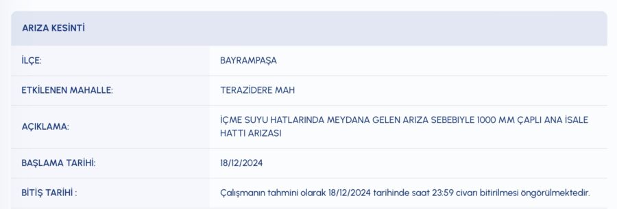 Bayrampaşa sular ne zaman gelecek terazidere 18 aralık