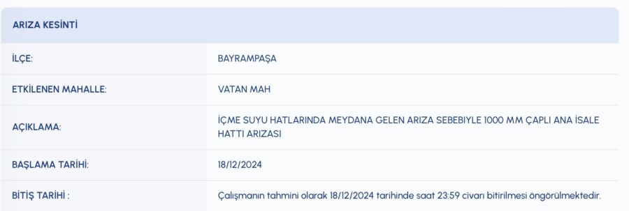 Bayrampaşa 18 aralık su kesintisi vatan mahallesi sular ne zaman gelecek