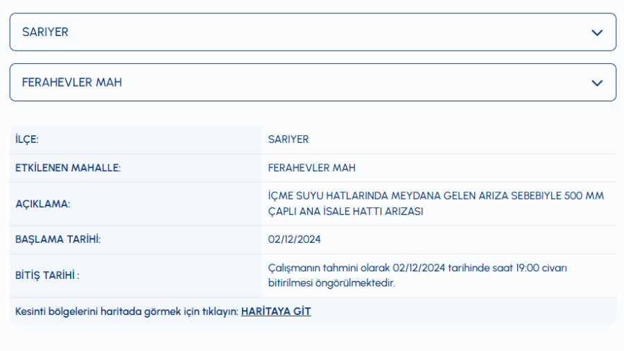 iski Sarıyer su kesintisi