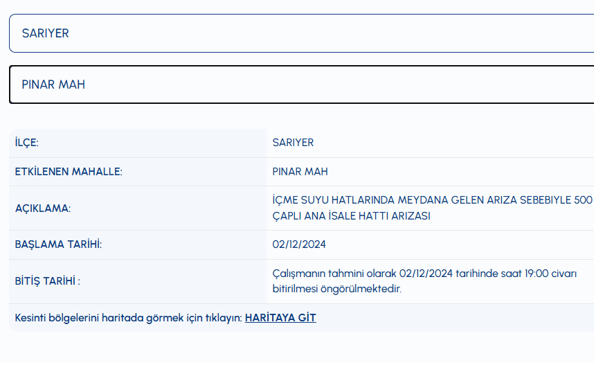 Sarıyer su kesintisi ne zaman sona erecek