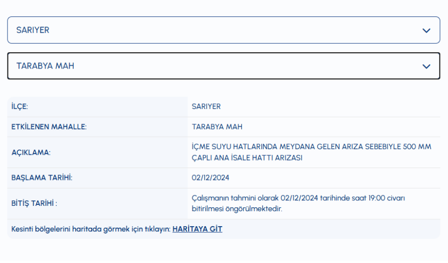 Sarıyer su kesintisi 2 Aralık