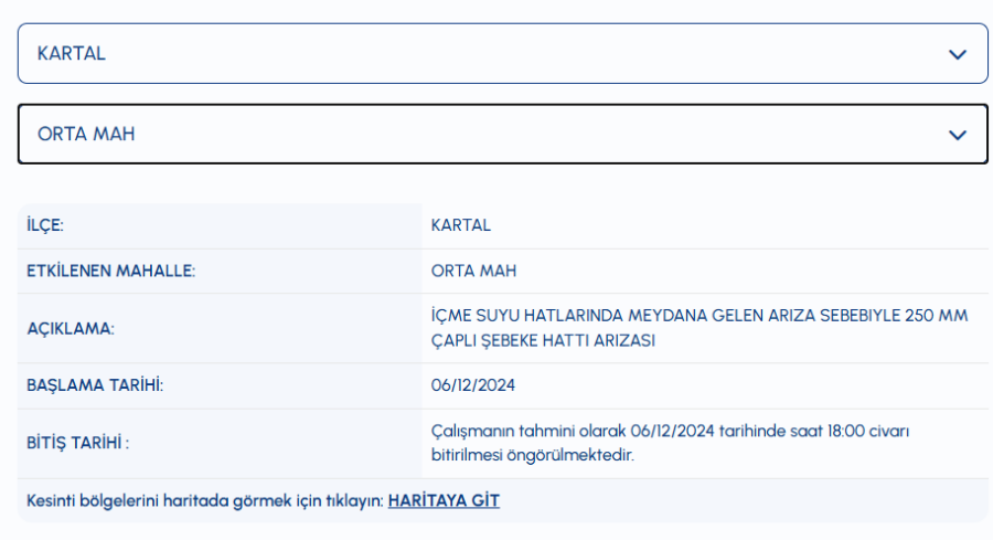 Kartal su kesintisi 6 Aralık