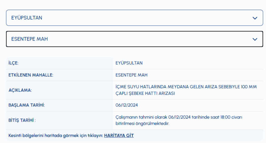Eyüpsultan su kesintisi 6 Aralık