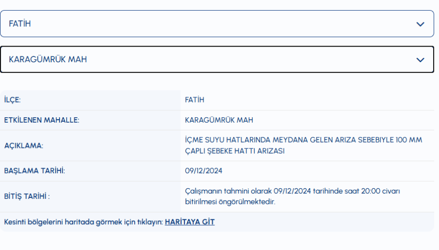 Fatih su kesintisi 9 Aralık