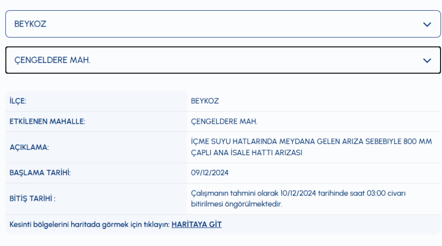 Beykoz su kesintisi 9 Aralık