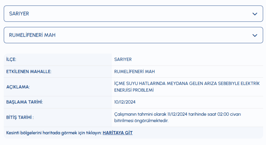 Sarıyer su kesintisi 10 Aralık