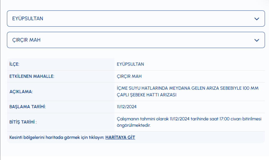 Eyüpsultan su kesintisi 11 Aralık