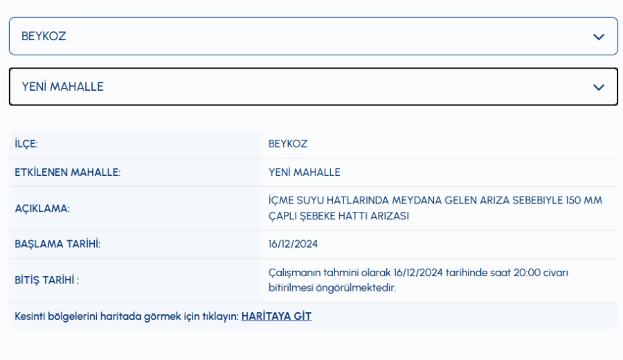 Beykoz su kesintisi 16 Aralık