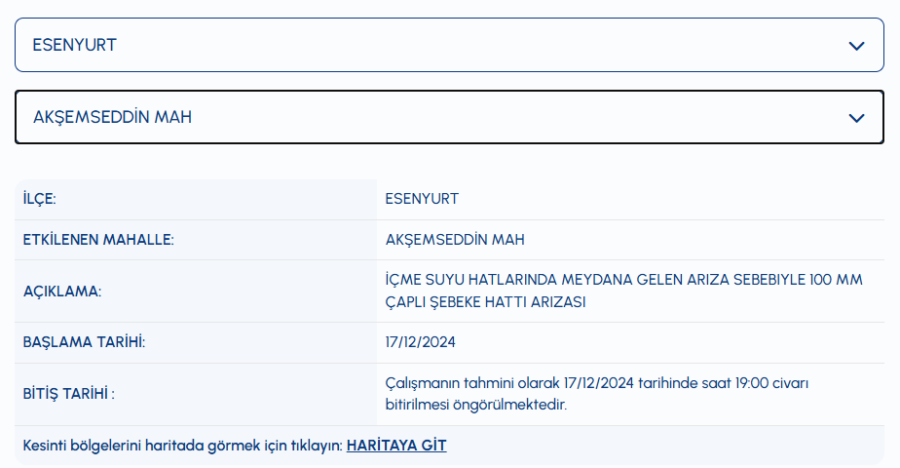 Esenyurt su kesintisi 17 Aralık