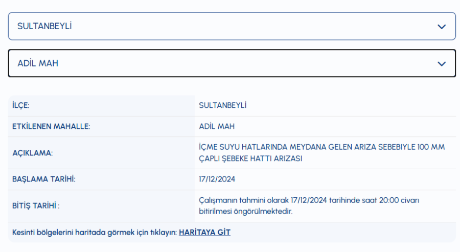 Sultanbeyli su kesintisi 17 Aralık
