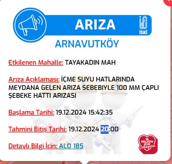 tayakadın arnavutköy su kesintisi bitiş saati