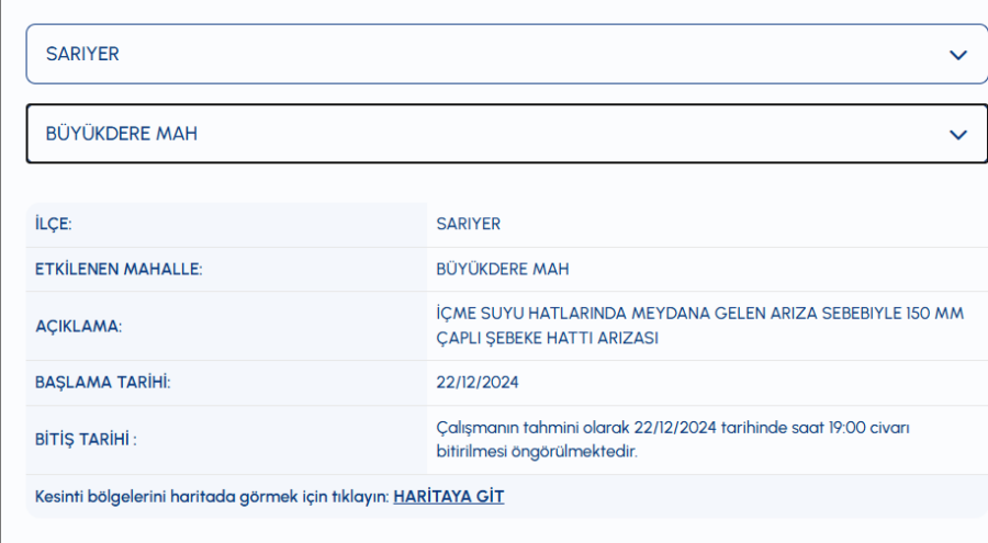 iski Sarıyer su kesintisi