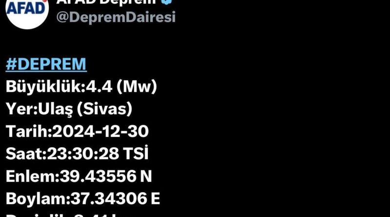 Sivas'ta Ulaş İlçesinde 4,4 Büyüklüğünde Deprem, Hasar Olmadı 1