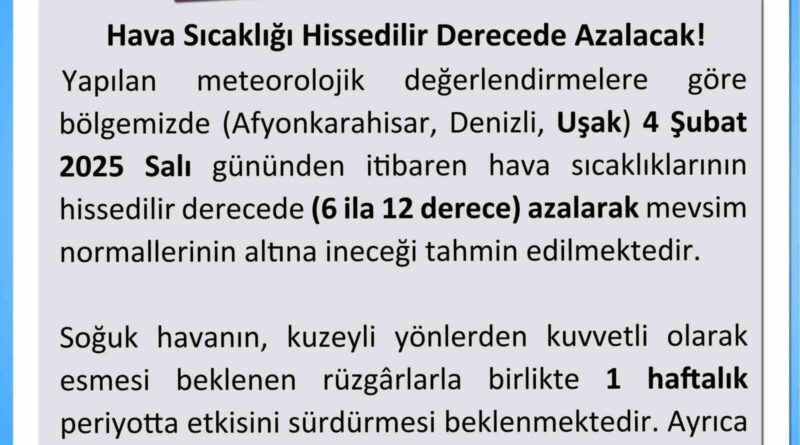 Uşak Valiliği: 4 Şubat'tan itibaren Soğuk Hava Uyarısı 1