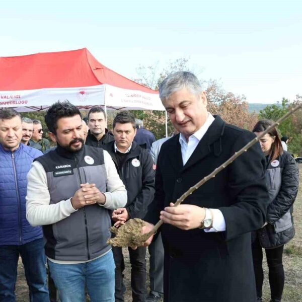 Vali Mustafa Yavuz ve protokol üyeleri sumak fidanlarını dikildiğini gösteriyor.-1