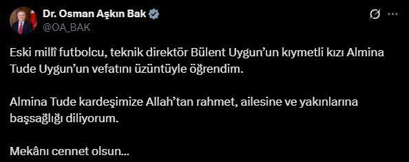 Bakan Bak'tan, Bülent Uygun’un kızı için taziye mesajı 1