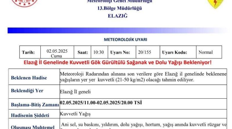 Meteorolojiden Elazığ’a "kuvvetli yağış" uyarısı 1