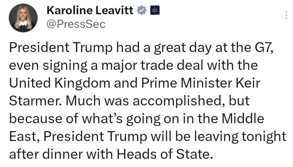 Beyaz Saray: “Trump, Orta Doğu’da yaşanan gelişmeler nedeniyle G7 Zirvesi’nden erken ayrılacak”
