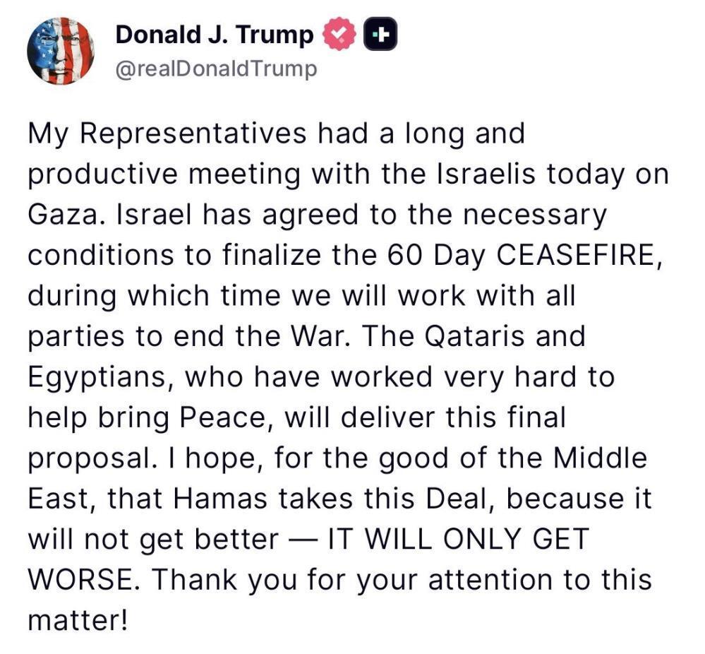 ABD Başkanı Trump’tan Gazze’de ateşkes açıklaması: “İsrail 60 günlük ateşkese dair koşulları kabul etti”