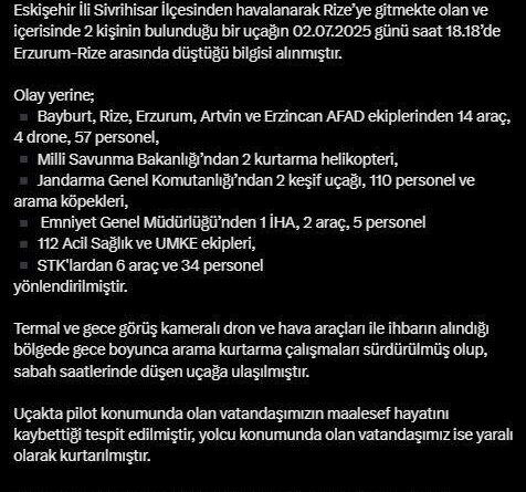 AFAD: "Eskişehir'den Rize'ye giderken düşen uçağın enkazına ulaşıldı" 1