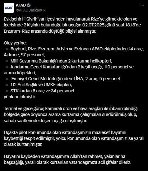 AFAD: “Eskişehir’den Rize’ye giderken düşen uçağın enkazına ulaşıldı”