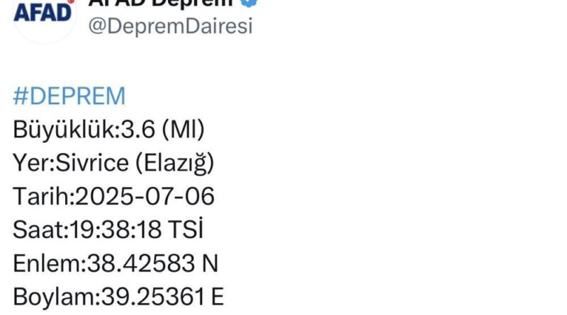 Elazığ’da 3.6 büyüklüğünde deprem 1