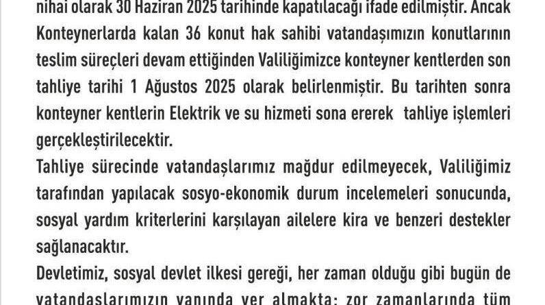 Elazığ’da konteyner kentlerde son tahliye tarihi 1 Ağustos 1