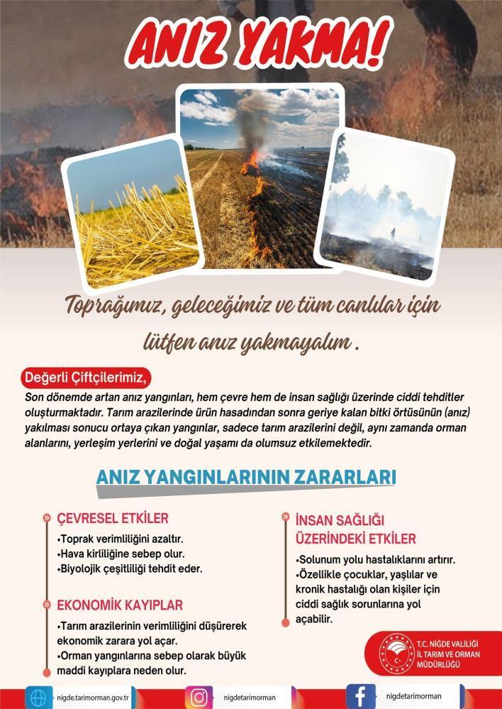 Niğde’de ‘anız yakmayın’ uyarısı