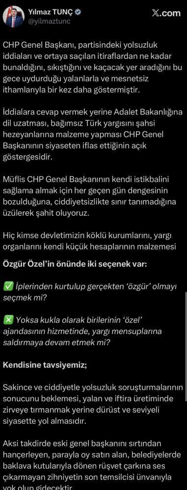 Bakan Tunç: “Özgür Özel’in önünde iki seçenek var”