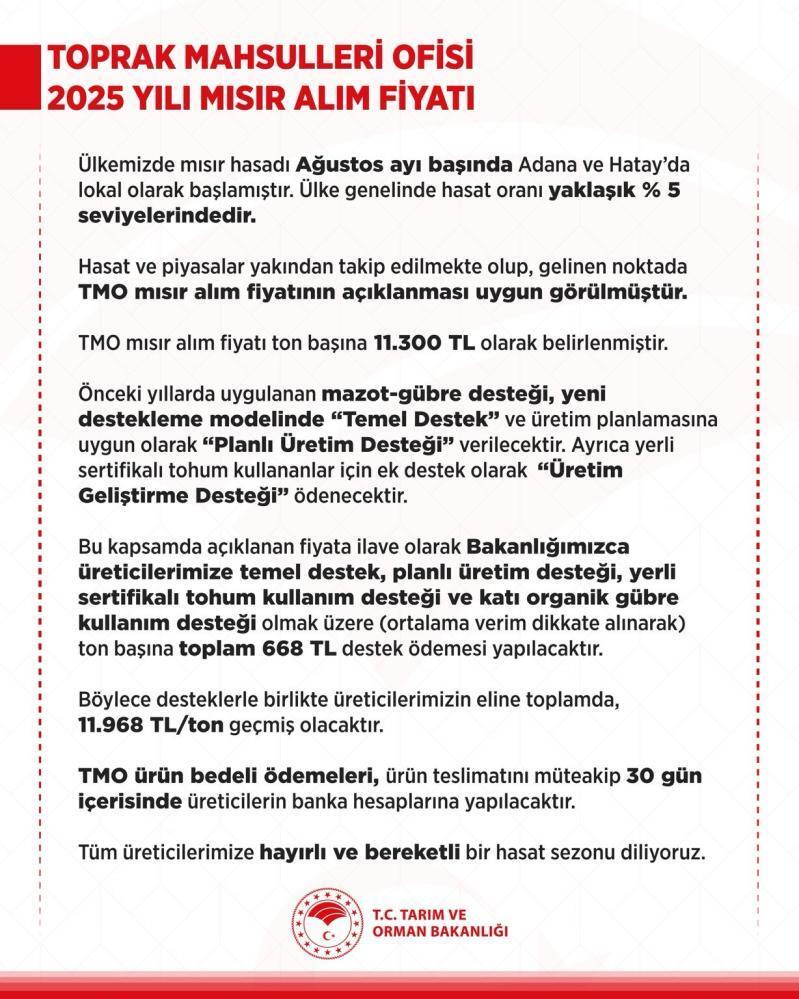 Toprak Mahsulleri Ofisi 2025 yılı mısır alım fiyatları belirlendi