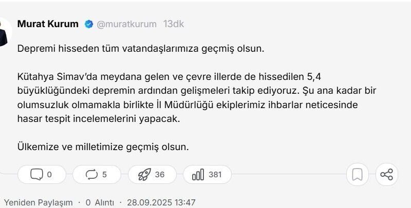 Bakan Kurum: "Depremi hisseden tüm vatandaşlarımıza geçmiş olsun" 1