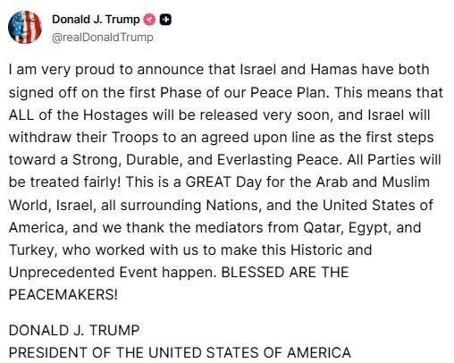 ABD Başkanı Trump: “İsrail ve Hamas Barış Planımızın ilk aşamasını onayladı”