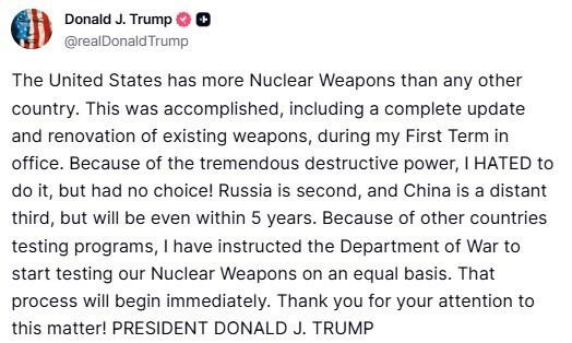 ABD Başkanı Trump’tan Çin Devlet Başkanı Xi görüşmesi öncesinde ABD Savunma Bakanlığı’na nükleer silah denemesi talimatı