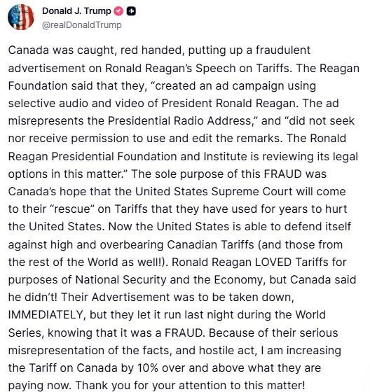 ABD Başkanı Trump’tan Kanada’ya aldatıcı reklam misillemesi: “Kanada’ya uygulanan gümrük vergisi oranını yüzde 10 oranında artırıyorum”