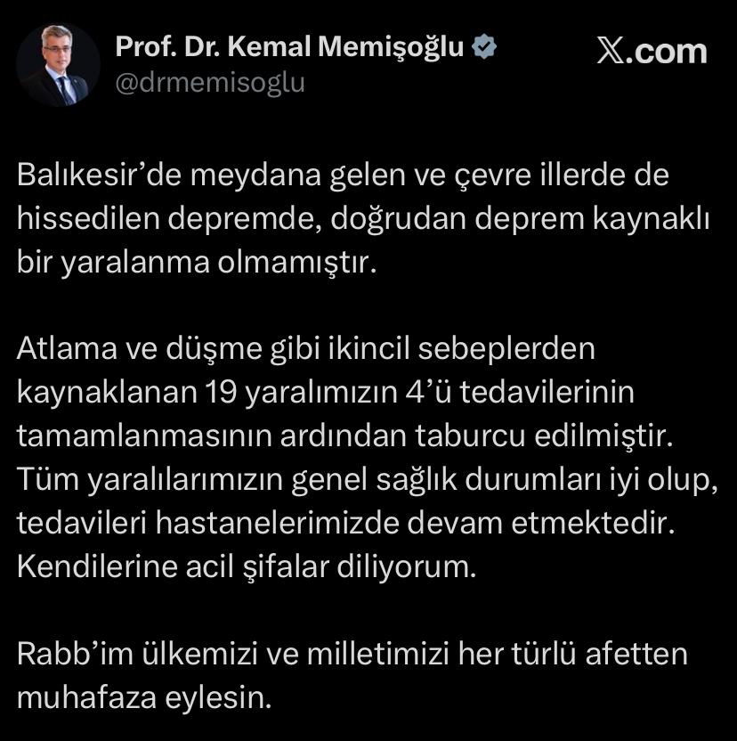 Bakan Memişoğlu: “Depremde, doğrudan deprem kaynaklı bir yaralanma olmamıştır”