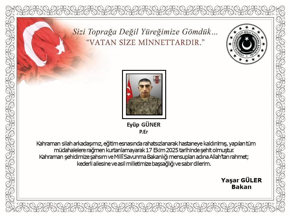MSB: “Kahraman silah arkadaşımız, eğitim esnasında rahatsızlanarak hastaneye kaldırılmış, yapılan tüm müdahalelere şehit olmuştur”