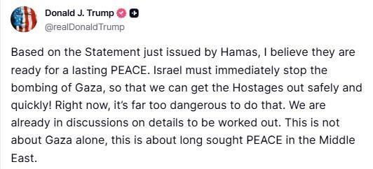 Trump, Hamas’ın ateşkes planını kısmen kabul etmesini değerlendirdi: “Açıklamalarına bakılırsa, kalıcı bir barışa hazır olduklarına inanıyorum”