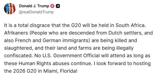ABD Başkanı Trump’tan G20 Zirvesi tepkisi: “Güney Afrika’da yapılacak olması tam bir rezalet”